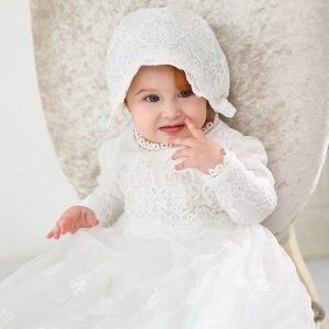 Robe de Baptême en dentelle pour Bébé avec Bonnet